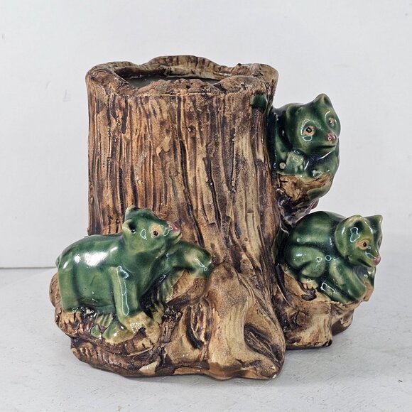 Vintage Majolica Style Bear Tree Trunk Planter Vase Green Brown Glaze - Picture 2 of 9